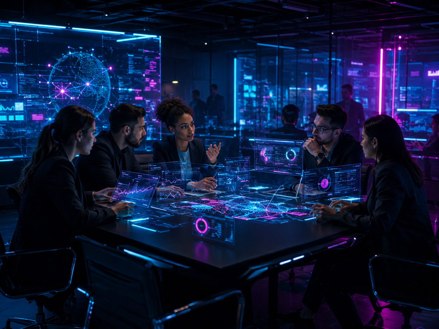 Equipe analisando dashboards de mercado em ambiente cyberpunk
