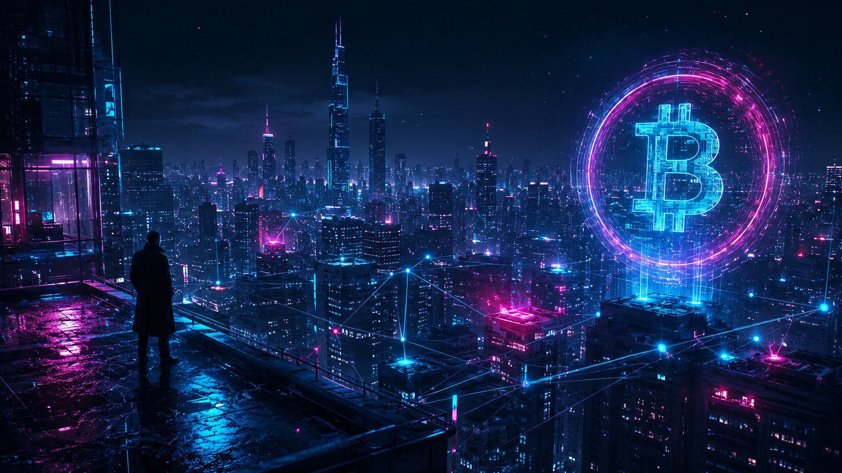 Firma Cripto — cidade cyberpunk com Bitcoin holográfico